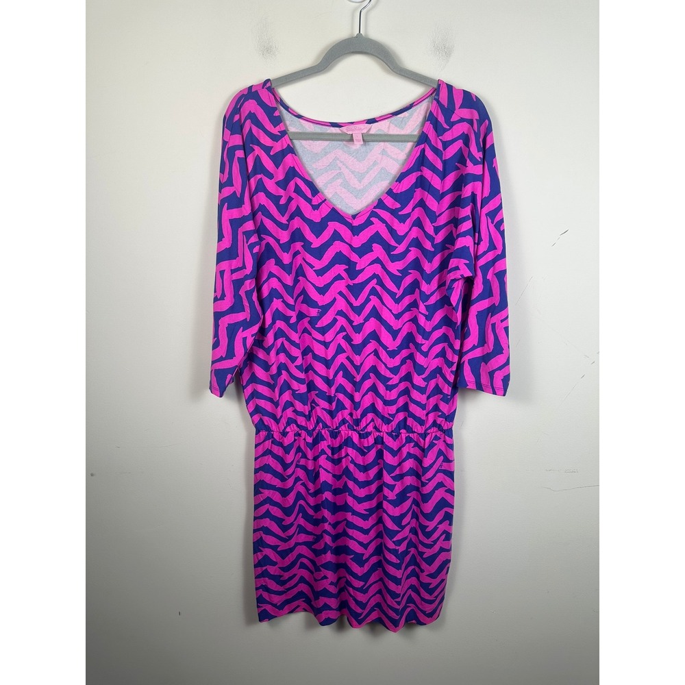 Lilly Pulitzer Dress Women Large Pink Excellent Chevron 3/4 Sleeve V-Neck 2791